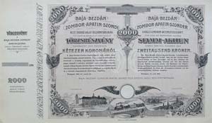 Baja-Bezdn-Zombor-Apatin-Szondi Helyi rdek Vast Rszvnytrsasg trzsrszvny 2000 korona 1912