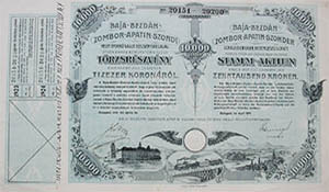 Baja-Bezdn-Zombor-Apatin-Szondi Helyi rdek Vast Rszvnytrsasg trzsrszvny 1000 korona 1915