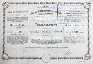 Budapest-Esztergom-Fziti Helyi rdek Vast Rszvnytrsasg trzsrszvny 200 korona 1897