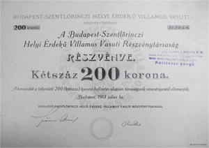 Budapest-Szentlrinci Helyi rdek Villamos Vasti  Rszvnytrsasg rszvny 200 korona 1913