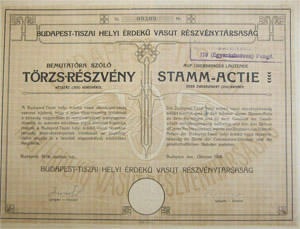 Budapest-Tiszai Helyi rdek Vast Rszvnytrsasg trzsrszvny 200 korona 1908