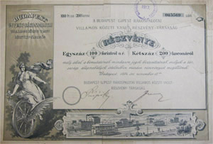 Budapest-jpest-Rkospalotai Villamos Kzti Vast Rszvnytrsasg rszvny 100 forint 1894