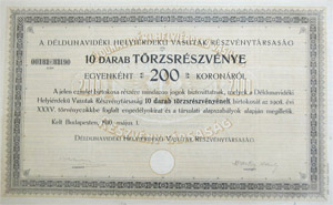 Dldunavidki Helyi rdek Vasutak Rszvnytrsasg trzsrszvny 10x200 2000 korona 1910
