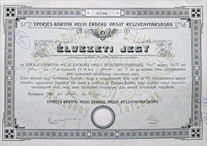 Eperjes-Brtfai Helyi rdek Vast Rszvnytrsasg lvezeti jegy 1919