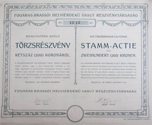 Fogaras-Brassi Helyi rdek Vast Rszvnytrsasg trzsrszvny 200 korona 1907