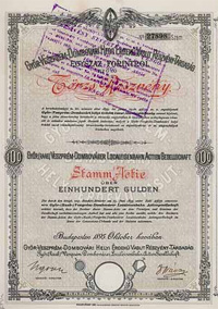 Gyr-Veszprm-Dombvri Helyi rdek Vast Rszvnytrsasg trzsrszvny 100 forint 1895