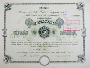 Hdmezvsrhely-Mak-Nagyszentmiklsi Helyi rdek Vast Rszvnytrsasg rszvny 200 korona 1906 Mak