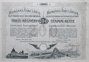 Homonna-Takcsnyi Helyi rdek Vast Rszvnytrsasg rszvny 200 korona 1908