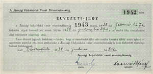 Jszsgi Helyi rdek Vast Rszvnytrsasg lvezeti jegy 1916