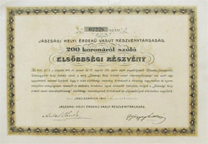 Jszsgi Helyi rdek Vast Rszvnytrsasg elsbbsgi rszvny 200 korona 1911 Jszladny