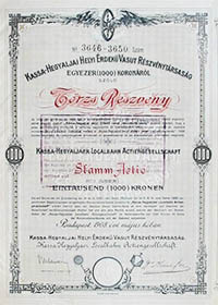 Kassa-Hegyaljai Helyi rdek Vast Rszvnytrsasg trzsrszvny 5x200 1000 korona 1908