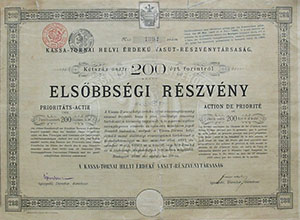 Kassa-Tornai Helyi rdek Vast Rszvnytrsasg elsbbsgi rszvny 200 korona 1890
