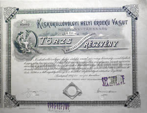 Kiskkllvlgyi Helyi rdek Vast Rszvnytrsasg trzsrszvny 100 forint 1897