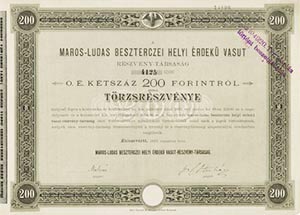 Maros-Ludas Besztercei Helyi rdek Vast Rszvnytrsasg trzsrszvny 200 forint 1886 Kolozsvr