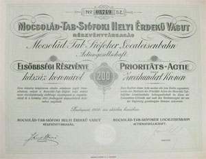 Mocsold-Tab-Sfoki Helyi rdek Vast Rszvnytrsasg elsbbsgi rszvny 200 korona 1906