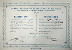 Nagykroly-Mtszalka-Csapi Helyi rdek Vast Rszvnytrsasg lvezeti jegy 1909