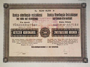 Oravicza-Nmetbogsn-Resiczabnyai Helyi rdek Vast Rszvnytrsasg trzsrszvny 10x200 2000 korona 1907