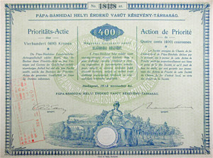 Ppa-Bnhidai Helyi rdek Vast Rszvnytrsasg elsbbsgi rszvny 400 korona 1915