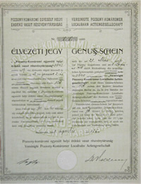 Pozsony-Komromi Egyeslt Helyi rdek Vast Rszvnytrsasg lvezeti jegy 1908