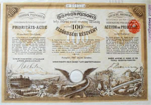 Sopron-Pozsonyi Helyi rdek Vast Rszvnytrsasg elsbbsgi rszvny 100 forint 1897