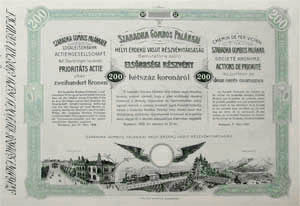 Szabadka-Gombos-Palnkai Helyi rdek Vast Rszvnytrsasg elsbbsgi rszvny 200 korona 1908