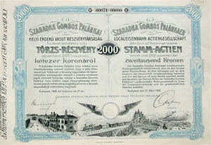 Szabadka-Gombos-Palnkai Helyi rdek Vast Rszvnytrsasg trzsrszvny 2000 korona 1908