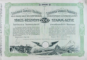 Szabadka-Gombos-Palnkai Helyi rdek Vast Rszvnytrsasg trzsrszvny 200 korona 1908