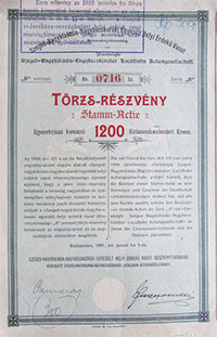 Szeged-Nagykikinda-Nagybecskereki Egyeslt Helyi rdek Vast Rszvnytrsasg trzs-rszvny 200 korona 1901