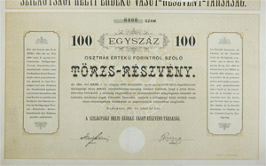Szilgysgi Helyi rdek Vast Rszvnytrsasg trzsrszvny 100 forint 1887