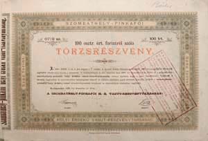 Szombathely-Pinkafi Helyi rdek Vast Rszvnytrsasg trzsrszvny 100 forint 1888