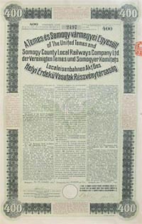 Temes s Somogy Vrmegyei Egyeslt Helyi rdek Vasutak Rszvnytrsasg ktvny 400 korona 1913