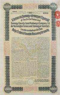 Temes s Somogy Vrmegyei Egyeslt Helyi rdek Vasutak Rszvnytrsasg ktvny 4000 korona 1913