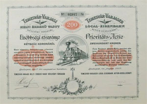 Temesvr-Varjasi Helyi rdek Vast Rszvnytrsasg elsbbsgi rszvny 200 korona 1907