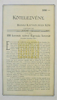 Budai Katholikus Kör kötelezvény 100 korona