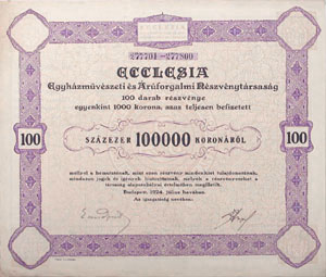 Ecclesia Egyházművészeti és Áruforgalmi Részvénytársaság 10000 korona 1924