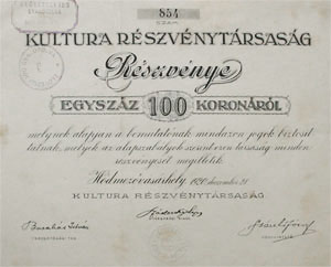 Kultúra Részvénytársaság részvény 100 korona 1920 Hódmezővásárhely