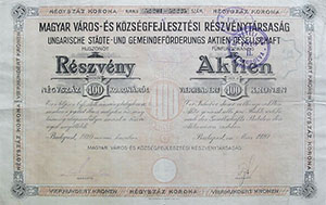 Magyar Város- és Községfejlesztési Részvénytársaság részvény 25x400 korona 1920