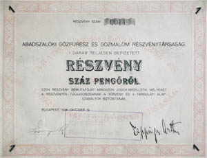 Abádszalóki Gőzfűrész és Gőzmalom Részvénytársaság részvény 100 pengő 1928