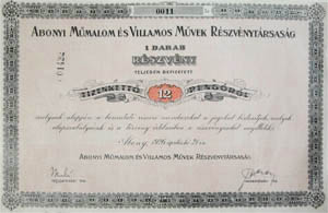 Abonyi Műmalom és Villamosművek Részvénytársaság részvény 12 pengő 1926 Abony