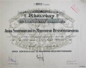 Aradi Sertéshízlaló és Malomipar Részvénytársaság részvény 200 korona 1917 Arad