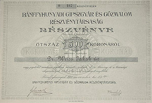 Bánffyhunyadi Gipszgyár és Gőzmalom Részvénytársaság 500 korona 1911