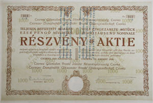 Csornai Gőzmalom, Frankl Sándor Részvénytársaság részvény 10x1000 10000 pengő 1928 Csorna