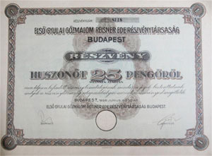 Első Gyulai Gőzmalom Reisner Ede Részvénytársaság részvény 25 pengő 1926
