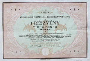 Első Mözsi Gőzmalom Részvénytársaság részvény 10 pengő 1926