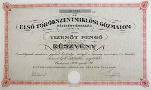 Első Törökszentmiklósi Gőzmalom Részvénytársaság részvény 15 pengő 1926