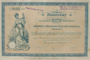 Jászapáti Gőzmalom Részvénytársaság részvény 200 korona 1923