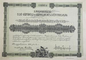 Magyarkanizsai Első Gőzfűrész és Gőzmalom Részvénytársaság elsőbbségi részvény 250 korona 1909 Magyarkanizsa