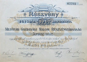 Mezőtúri Gazdasági Malom Részvénytársaság részvény 100 korona 1921