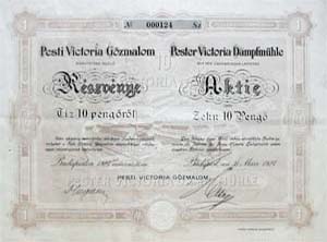 Pesti Victoria Gőzmalom Részvénytársaság részvény 10 pengő 1927