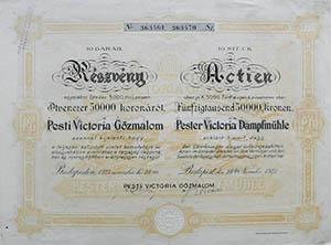Pesti Victoria Gzmalom Rszvnytrsasg rszvny 50000 korona 1923